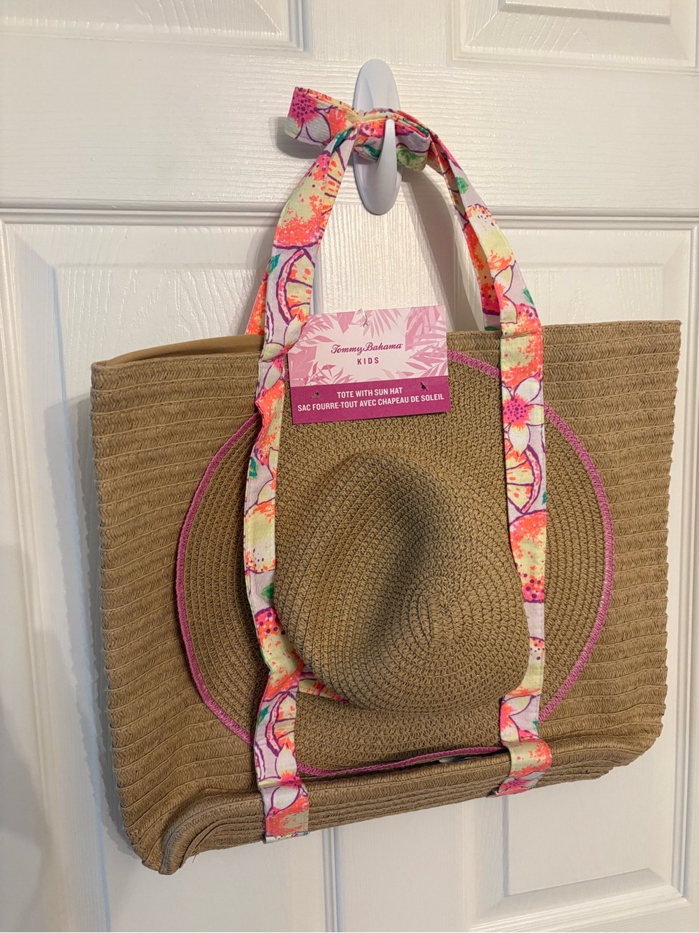 Tommy Bahama Tan Straw Tote with Floral Pink-Strap Accents